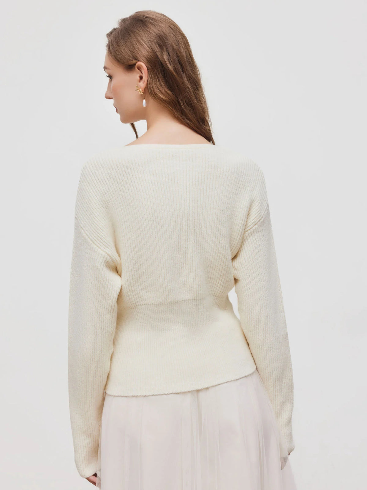 Knit V-neck Solid Lace Trim Wrap Long Sleeve Top